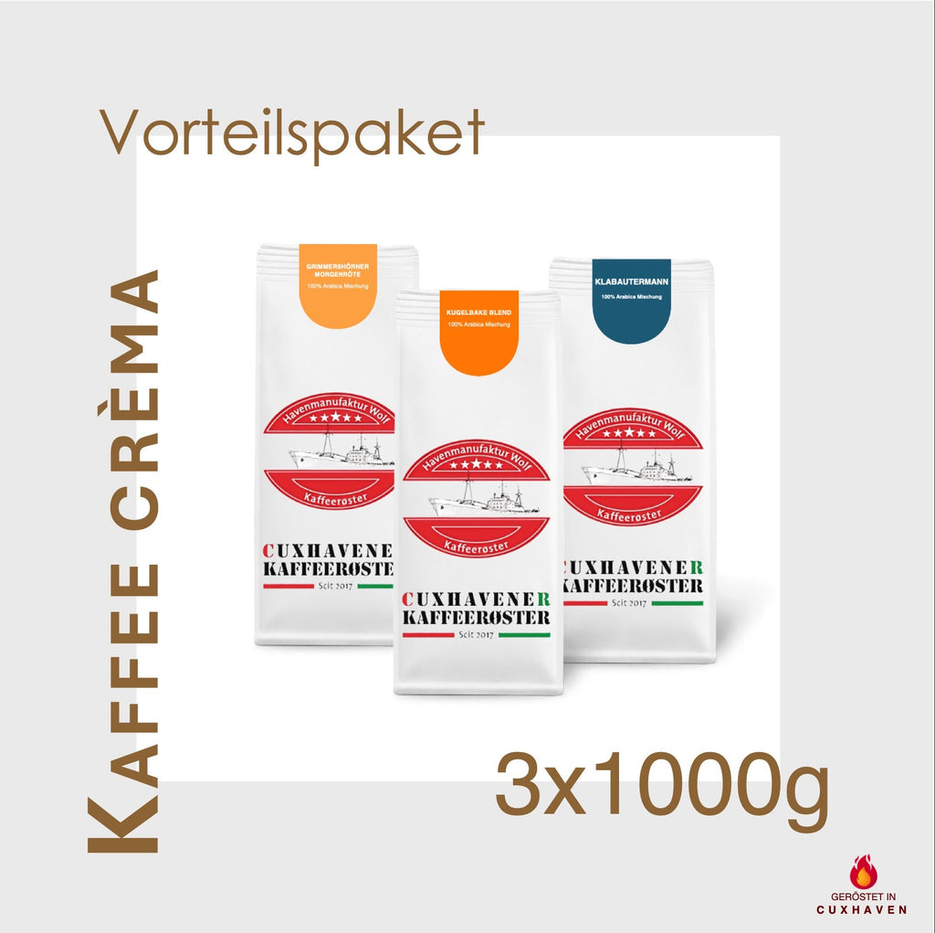 Weiße Kaffeetüten des Cuxhavener Kaffeeroesters eingebunden in Werbung für Kaffee Crema Vorteilspaket 3x1000g