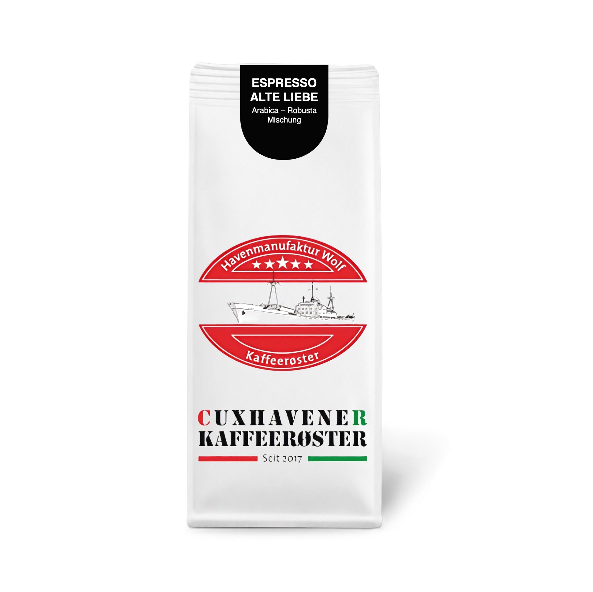 Weiße Kaffeetüte des Cuxhavener Kaffeeroesters mit der Aufschrift Espresso Alte Liebe vor weißem Hintergrund
