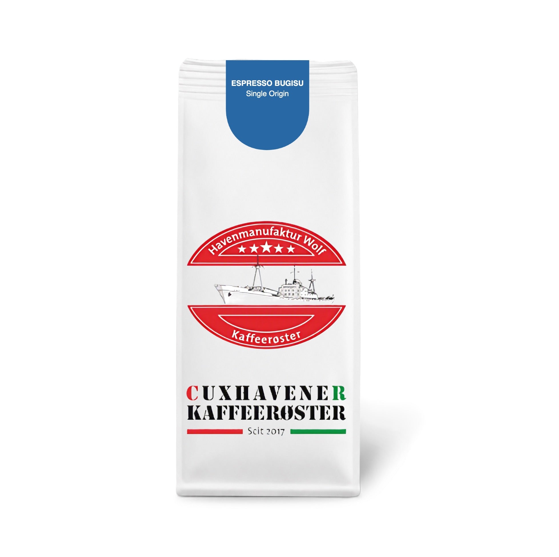 Weiße Kaffeetüte des Cuxhavener Kaffeeroesters mit der Aufschrift Espresso Bugisu vor weißem Hintergrund