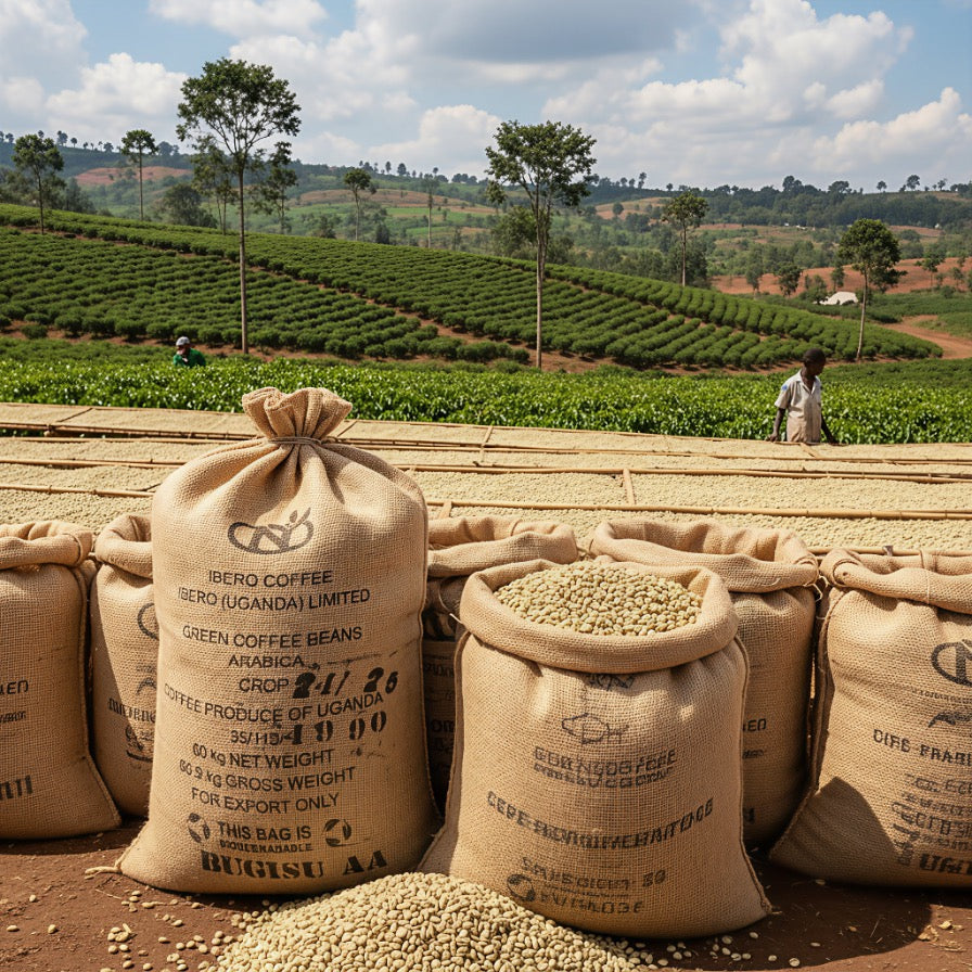 Diverse Original Kaffeesäcke mit Rohkaffeebohnen vor Kaffeeplantage in Uganda