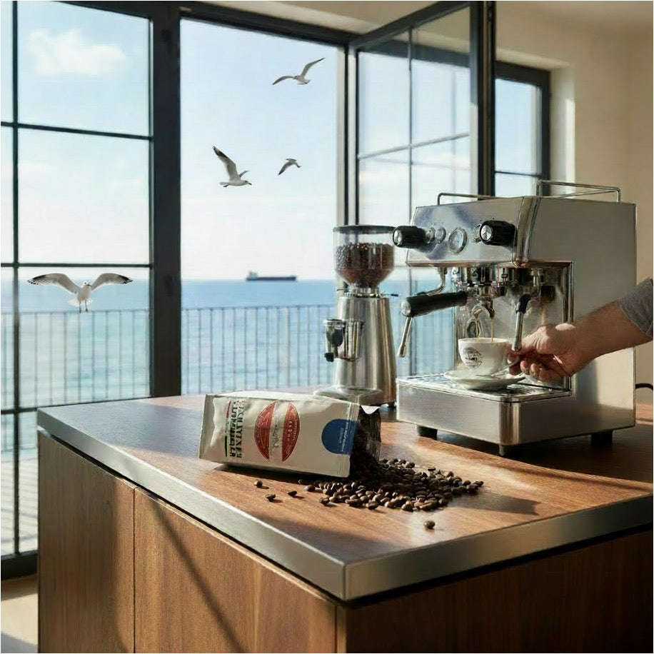 Weiße Kaffeetüte des Cuxhavener Kaffeeroesters mit der Aufschrift Espresso Bugisu auf Küchentheke mit Siebträgermaschine in Arbeit und Fenster mit Nordseeblick
