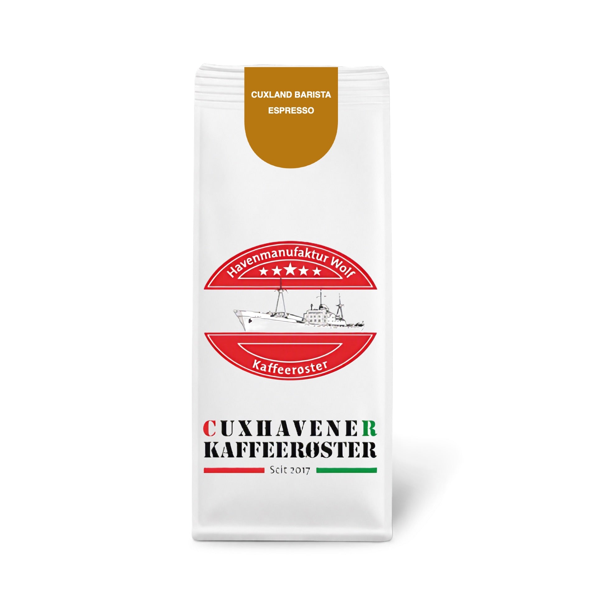 Weiße Kaffeetüte des Cuxhavener Kaffeeroesters mit der Aufschrift Cuxland Barista Espresso vor weißem Hintergrund