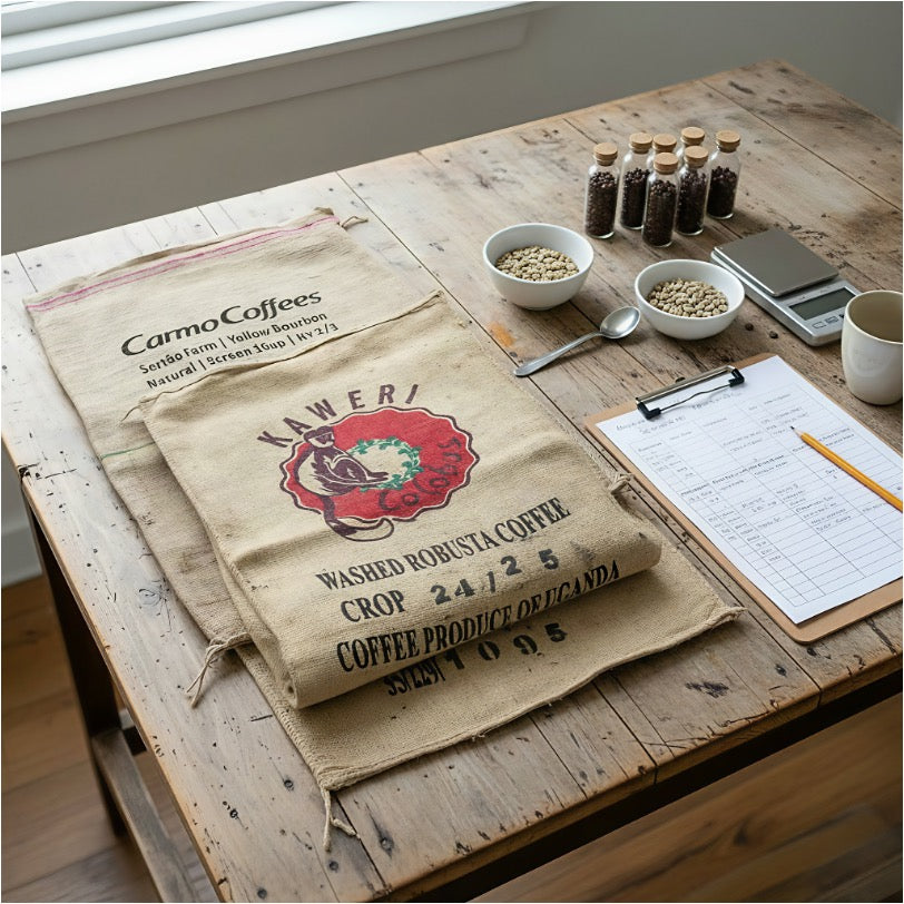 Zwei Schalen mit Rohkaffee, original Kaffeesäcke und ein Protokoll zur Qualitätsprüfung auf einem Holztisch.