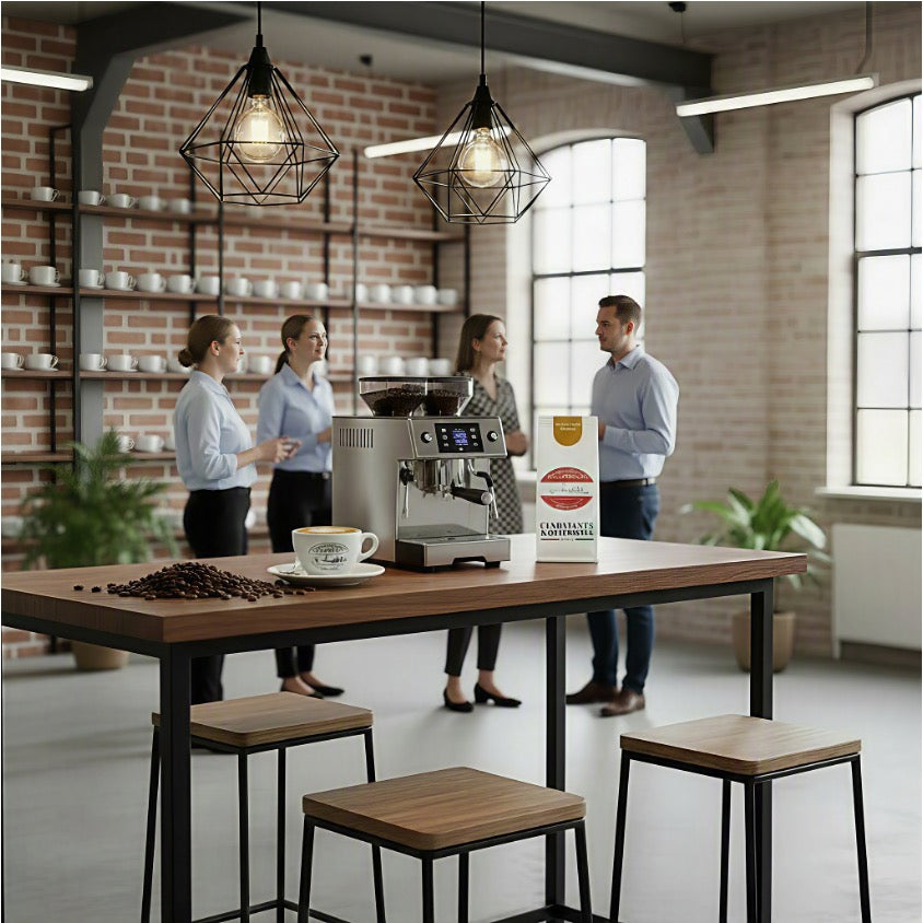Weiße Kaffeetüte des Cuxhavener Kaffeeroesters mit der Aufschrift Cuxland  Barista Espresso auf Tisch mit Siebträgermaschine und einer Gruppe von Personen in Büroathmosphäre
