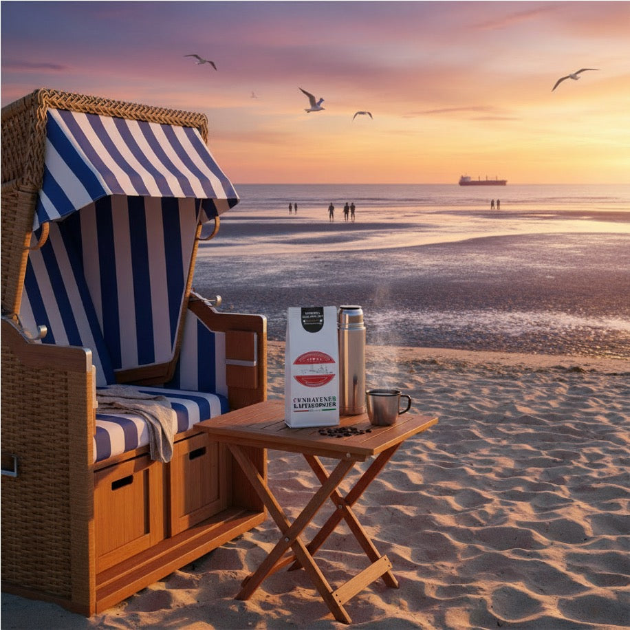 Weiße Kaffeetüte des Cuxhavener Kaffeeroesters mit der Aufschrift Espresso Ebbe und Flut entkoffeiniert, frischem Kaffee aus Thermoskanne  und Nordsee-Strandszene mit Strandkorb
