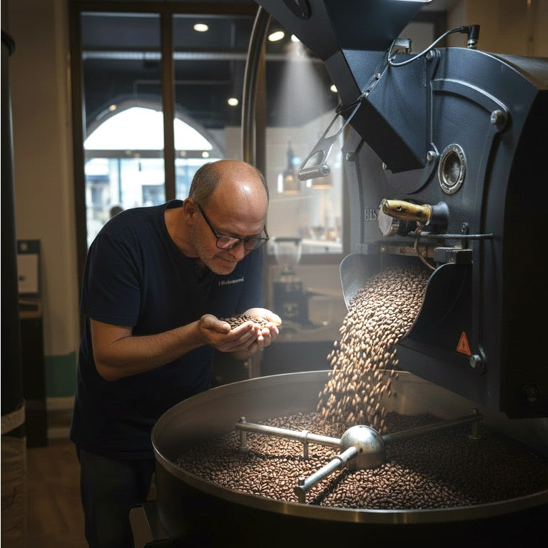 Eigentümer bei der Qualitätsprüfung frisch gerösteter Kaffeebohnen, während diese aus einer Kaffeeröstmaschine fallen