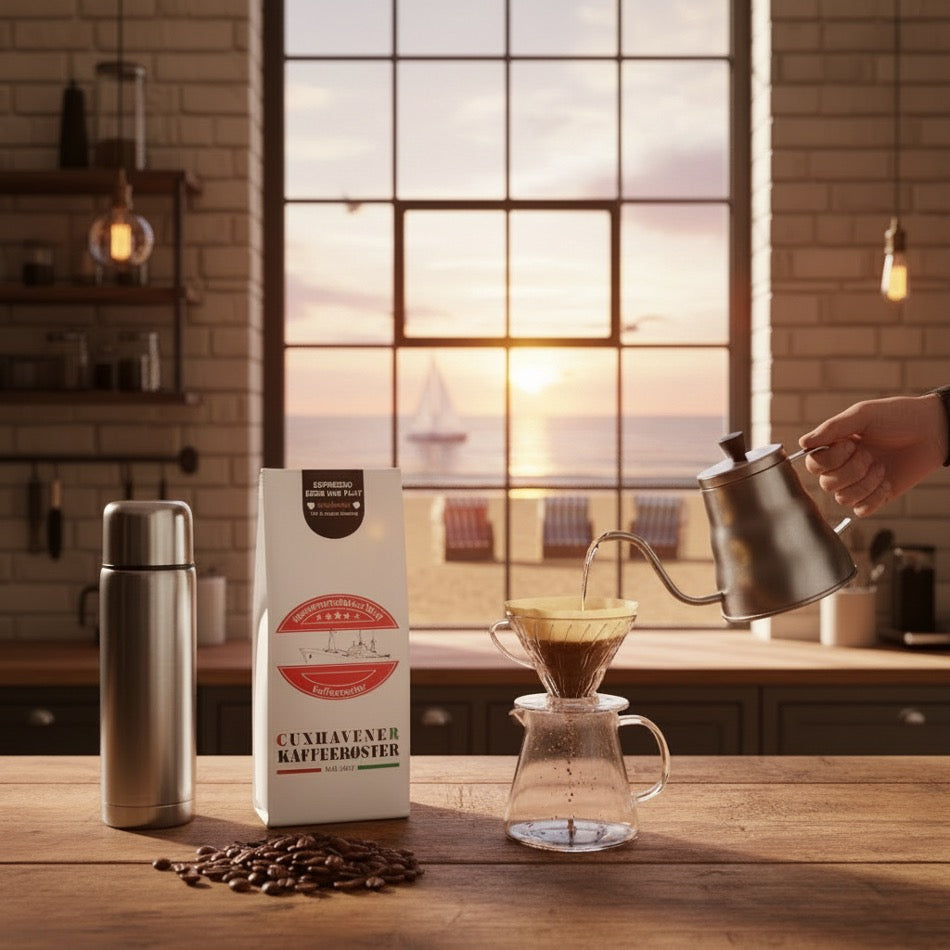 Weiße Kaffeetüte des Cuxhavener Kaffeeroesters mit der Aufschrift Espresso Ebbe und Flut entkoffeiniert, frisch gebrühtem Filterkaffee in einer Küche, mit Fenster und Ausblick auf den Nordseestrand
