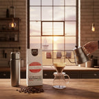 Weiße Kaffeetüte des Cuxhavener Kaffeeroesters mit der Aufschrift Espresso Ebbe und Flut entkoffeiniert, frisch gebrühtem Filterkaffee in einer Küche, mit Fenster und Ausblick auf den Nordseestrand