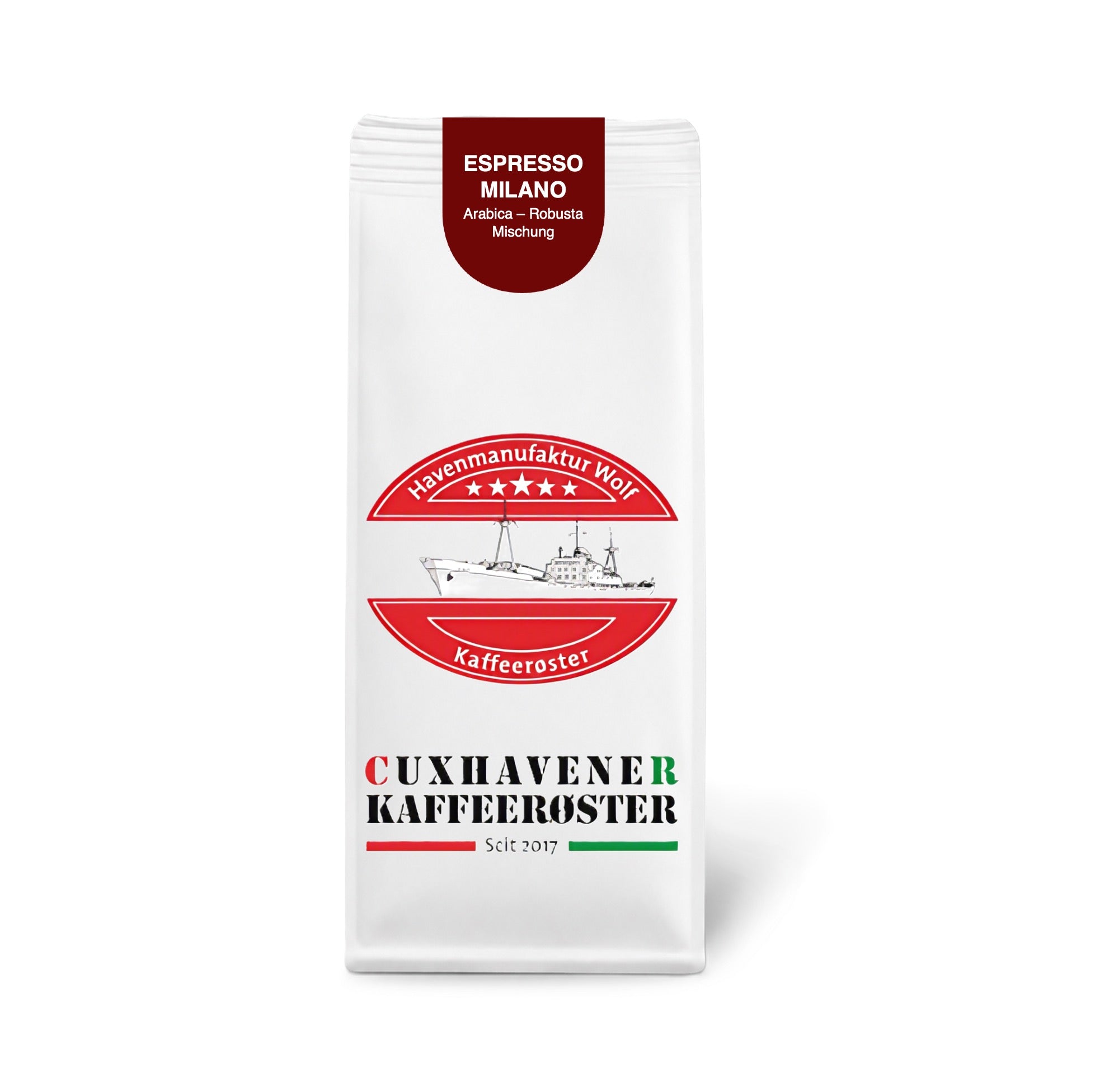 •	Weiße Kaffeetüte des Cuxhavener Kaffeeroesters mit der Aufschrift Espresso Milano vor weißem Hintergrund