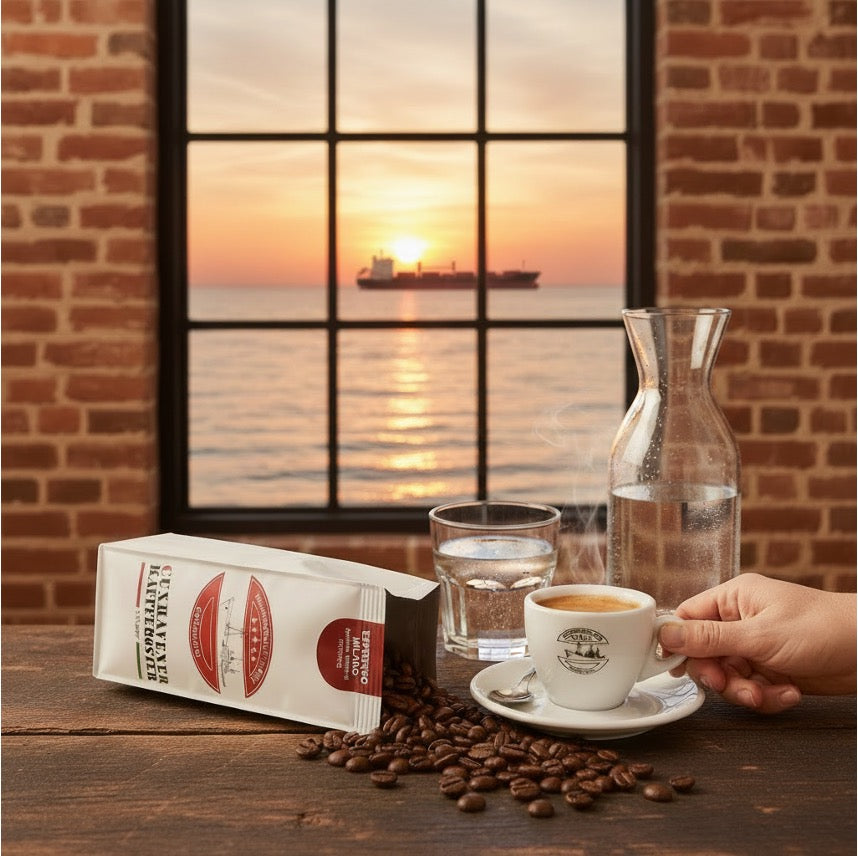 weiße Kaffeetüte des Cuxhavener Kaffeeroesters mit der Aufschrift Espresso Milano auf Tisch mit frisch gebrühtem Espresso und Fenster mit Nordseeblick