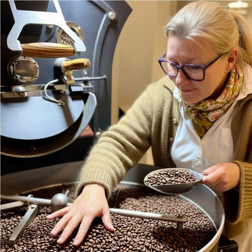 Eigentümerin bei der Qualitätsprüfung des frisch gerösteten Kaffees am Kaffeeröster