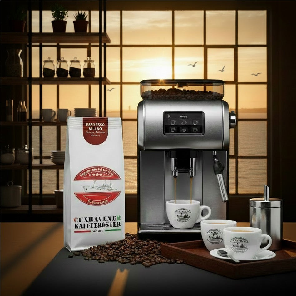 weiße Kaffeetüte des Cuxhavener Kaffeeroesters mit der Aufschrift Espresso Milano in Küche mit Kaffeevollautomat in Aktion und Fenster mit Nordseeblick