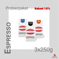 Weiße Kaffeetüten des Cuxhavener Kaffeeroesters eingebunden in Werbung für Espresso Probierpaket 3x250g - Rabatt 15%
