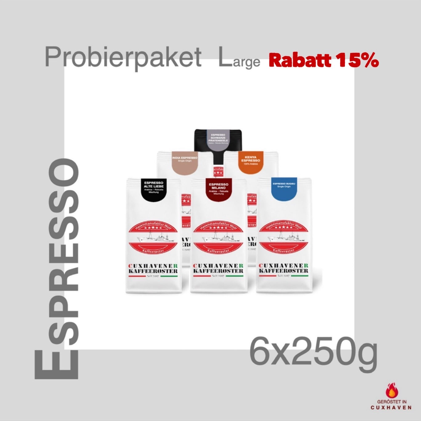 Weiße Kaffeetüten des Cuxhavener Kaffeeroesters eingebunden in Werbung für Espresso Vorteilspaket Large 6x250g