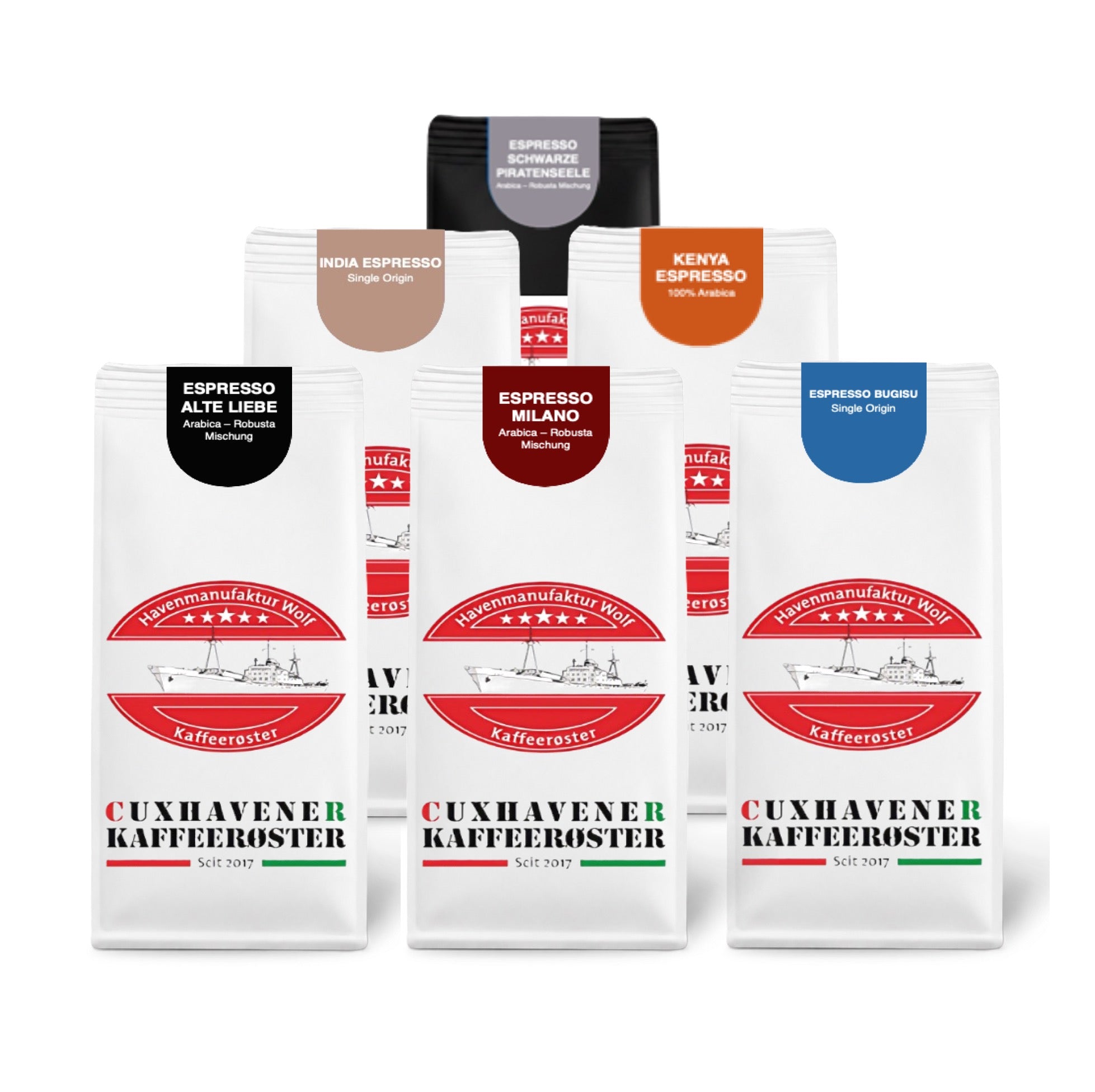 Weiße Kaffeetüten des Cuxhavener Kaffeeroesters eingebunden in Werbung für Espresso Vorteilspaket Large 6x250g freigestellt vor weissem Hintergrund