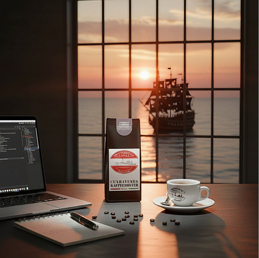 Schwarze Kaffeetüte des Cuxhavener Kaffeeroesters mit der Aufschrift schwarze Piraten Seele auf Schreibtisch und Fenster mit Nordseeblick und frisch gebrühtem Espresso
