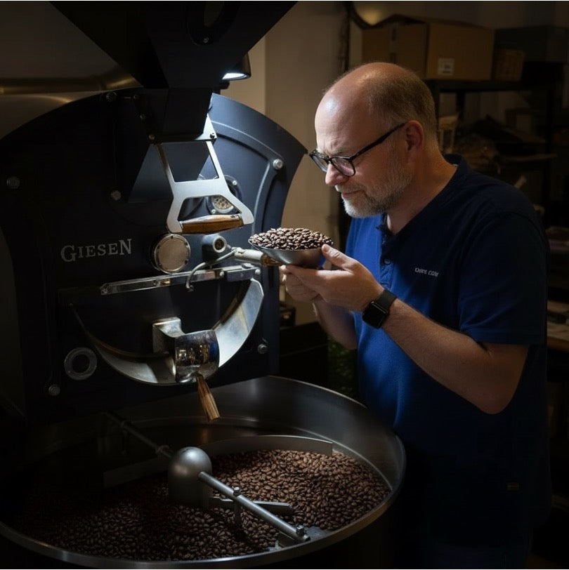 Eigentümer der am Kaffeeröster frisch geröstete Kaffeebohnen sensorisch prüft