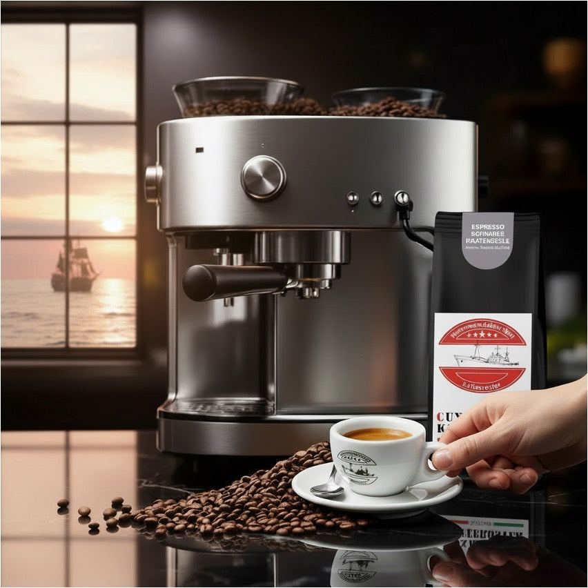 •	Schwarze Kaffeetüte des Cuxhavener Kaffeeroesters mit der Aufschrift schwarze Piraten Seele mit Kaffeevollautomat und frisch gebrühtem Espresso und Fenster mit Nordseeblick