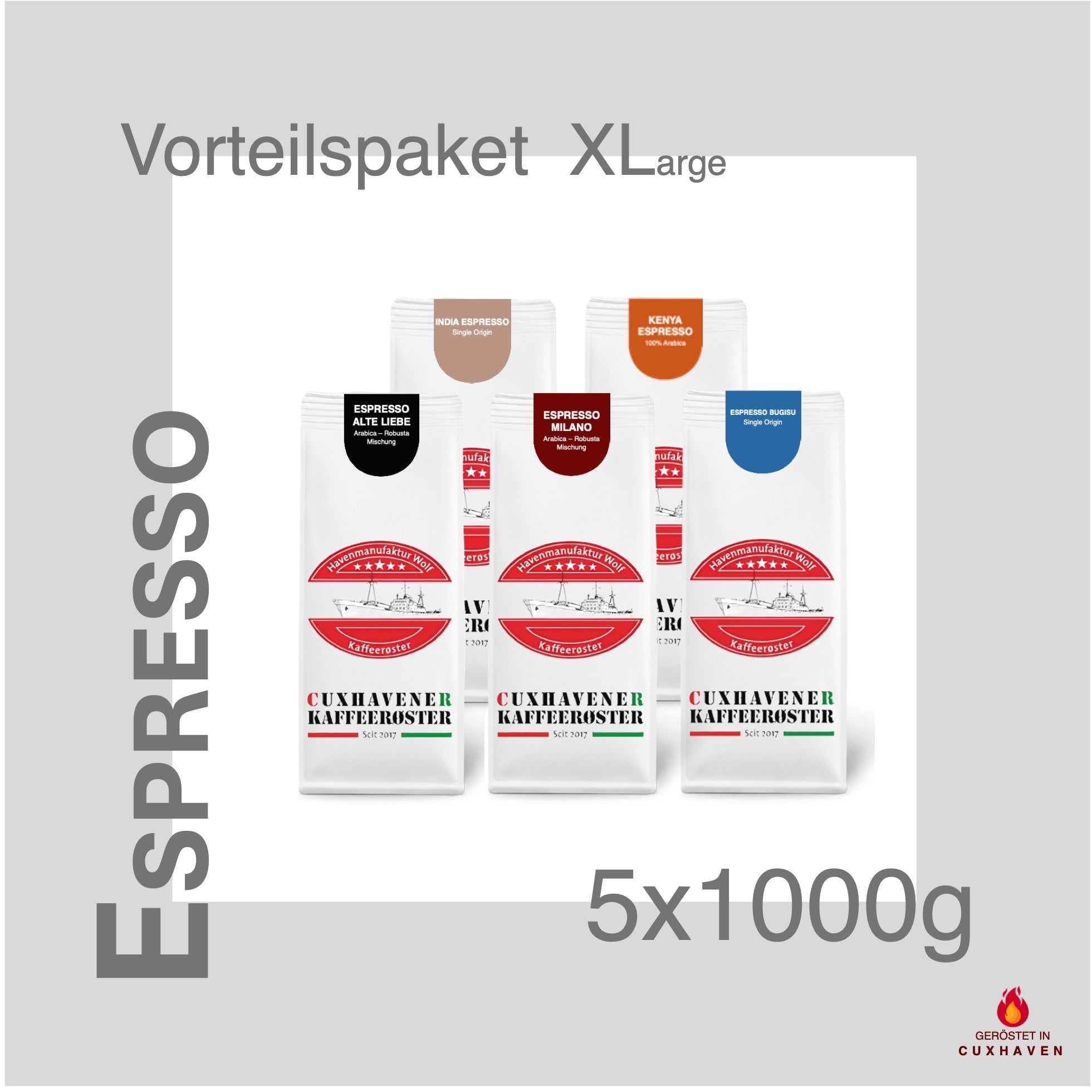 Weiße Kaffeetüten des Cuxhavener Kaffeeroesters eingebunden in Werbung für Espresso Trio Vorteilspaket XLarge 5x1000g
