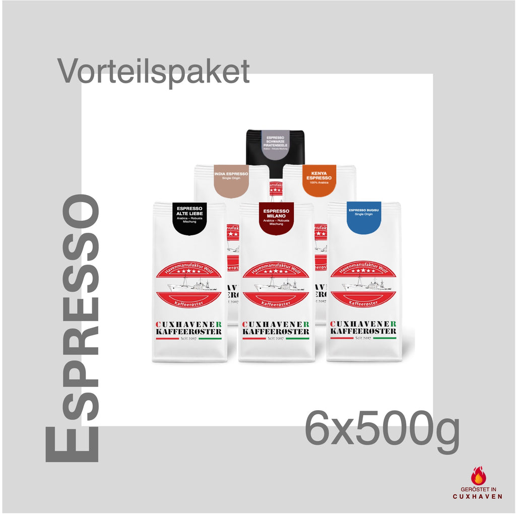 Weiße Kaffeetüten des Cuxhavener Kaffeeroesters eingebunden in Werbung für Espresso Vorteilspaket 6x500g