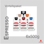 Weiße Kaffeetüten des Cuxhavener Kaffeeroesters eingebunden in Werbung für Espresso Vorteilspaket 6x500g