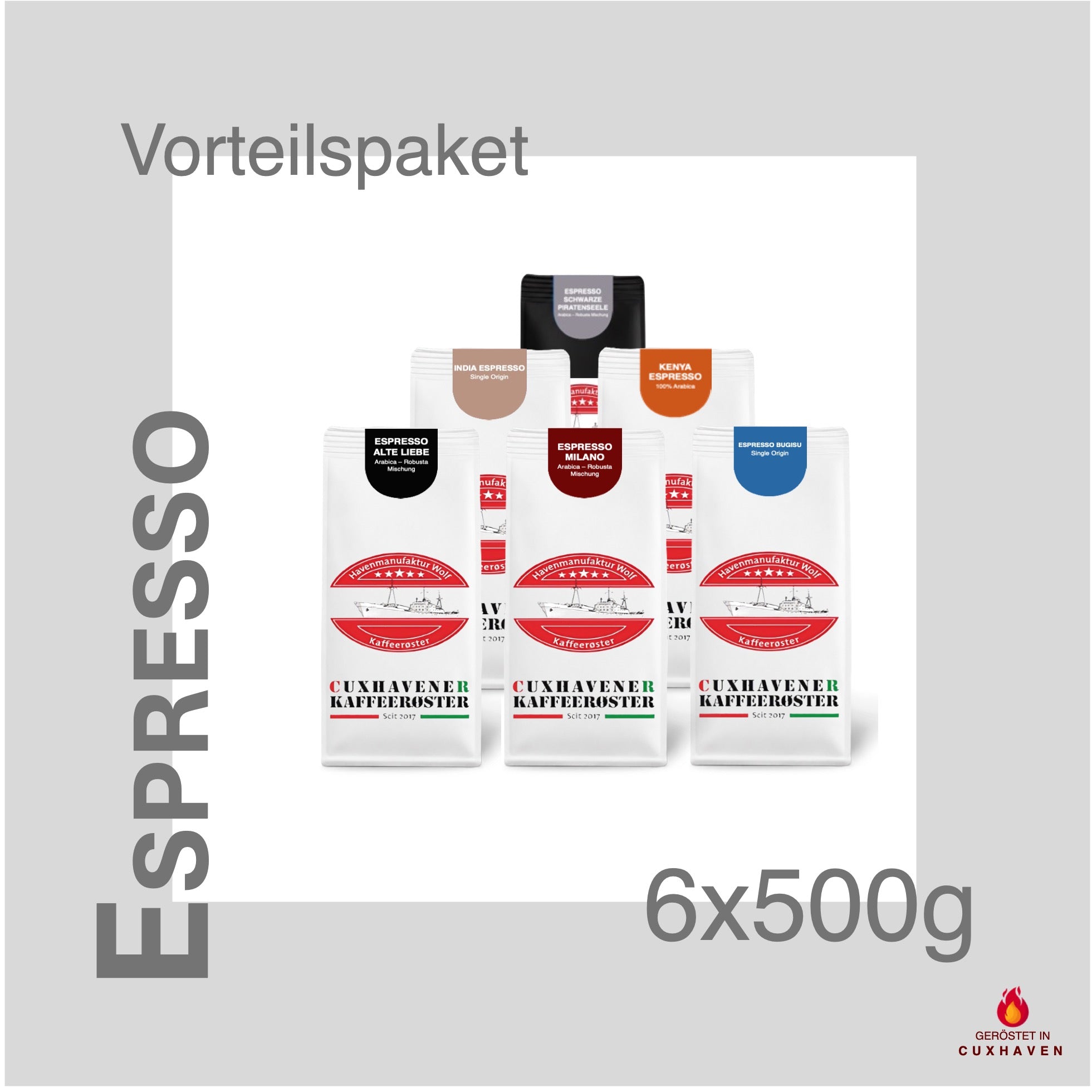 Weiße Kaffeetüten des Cuxhavener Kaffeeroesters eingebunden in Werbung für Espresso Vorteilspaket 6x500g