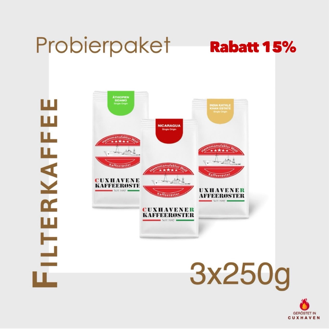 Weiße Kaffeetüten des Cuxhavener Kaffeeroesters eingebunden in Werbung für Filterkaffee Probierpaket 3x2500g - Rabatt 15%