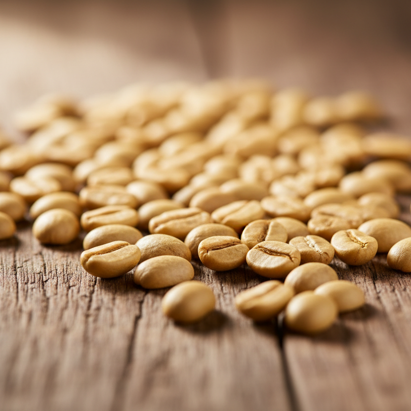Monsooned Malabar Rohkaffeebohnen – hellgelbe Monsun-Bohnen auf Holzuntergrund