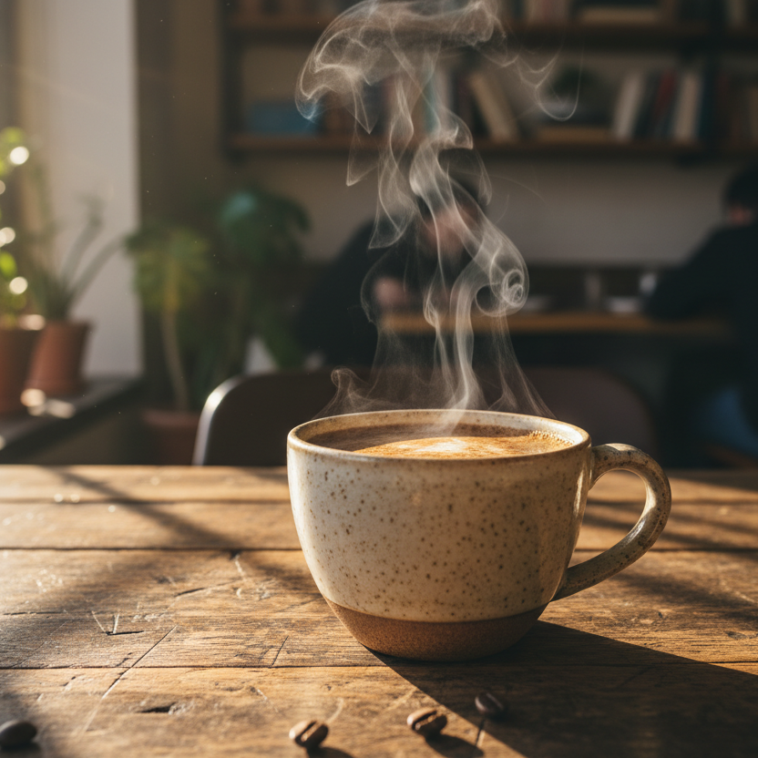Monsooned Malabar – dampfende Tasse Kaffee in Keramiktasse