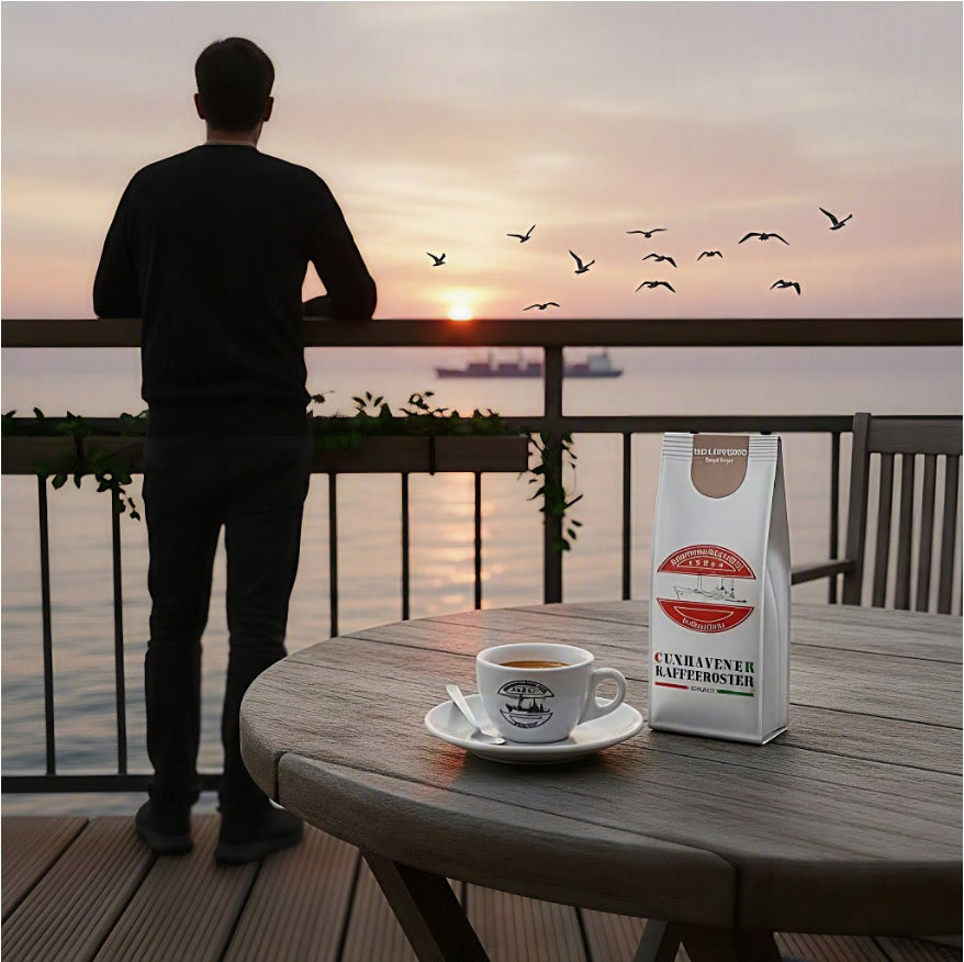 Weiße Kaffeetüte des Cuxhavener Kaffeeroesters mit der Aufschrift India Espresso, auf Terrasse mit frisch gebrühtem  Espresso und Mann der eine Frachtschiff auf der Nordseeblick beobachtet
