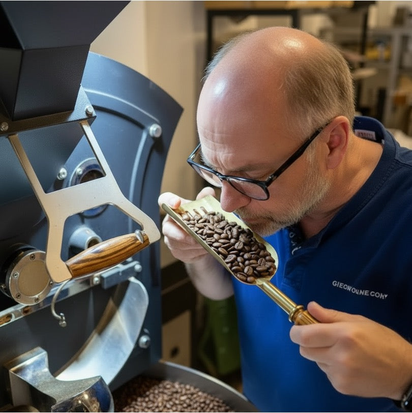 Eigentümer an Kaffeeröstmaschine, der die Qualität von frisch geröstetem Kaffee sensorisch prüft