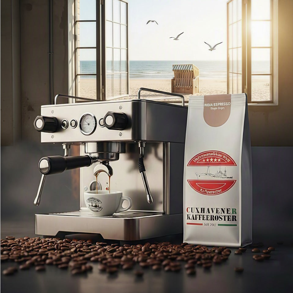 Weiße Kaffeetüte des Cuxhavener Kaffeeroesters mit der Aufschrift India  Siebträgermaschine  in Aktion vor geöffnetem Fenster mit Nordseeblick mit Strandkorb