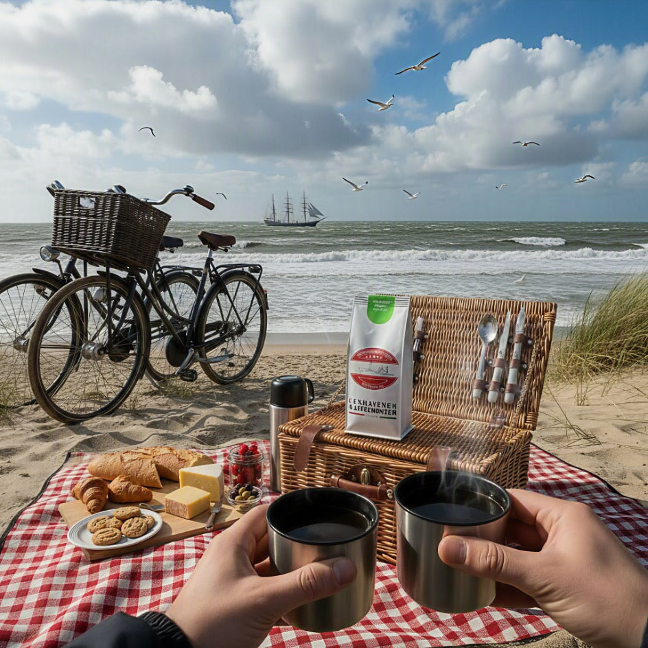 Weiße Kaffeetüte des Cuxhavener Kaffeeroesters mit der Aufschrift Äthiopien Sidamo bei Strand-Picknick in den Dünen mit Blick auf die Nordsee
