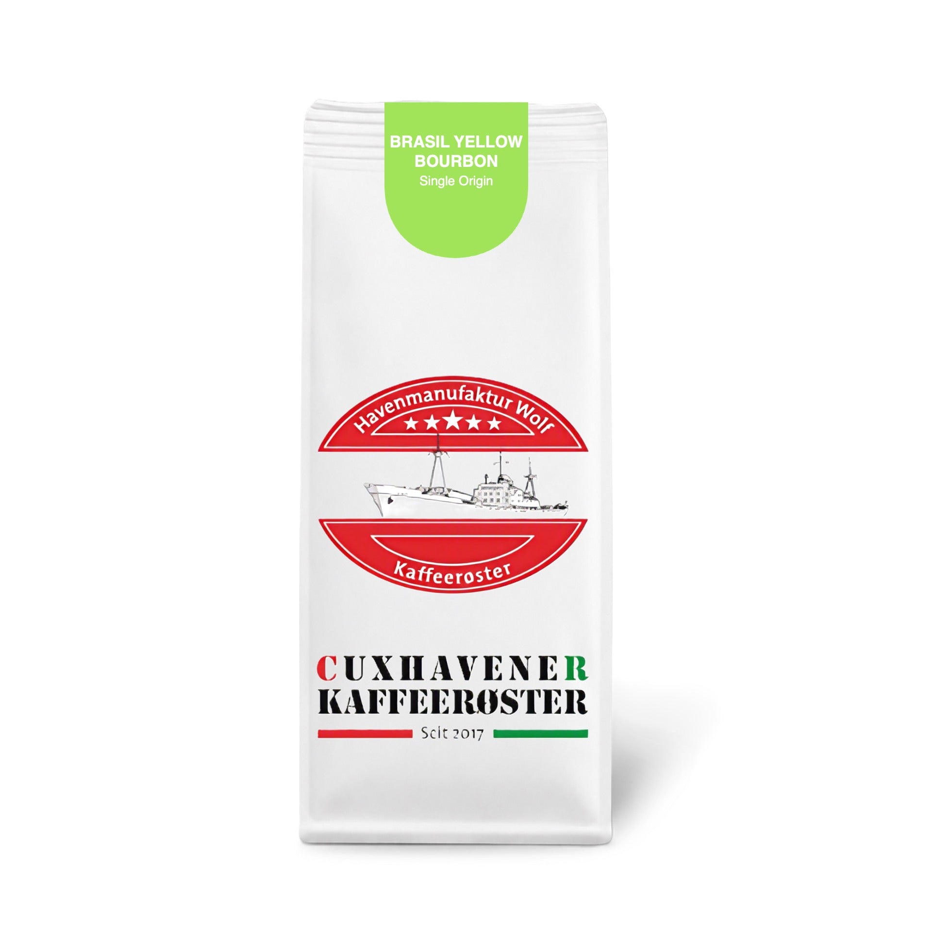 Weiße Kaffeetüte des Cuxhavener Kaffeeroesters mit der Aufschrift Brasil Yellow Bourbon vor weißem Hintergrund