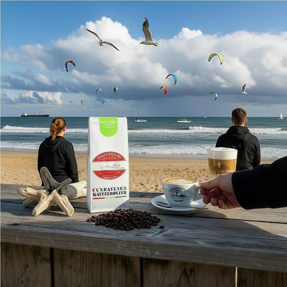 Weiße Kaffeetüte des Cuxhavener Kaffeeroesters mit der Aufschrift Brasil Yellow Bourbon  auf Theke mit Nordseeblick und Kite-Szene