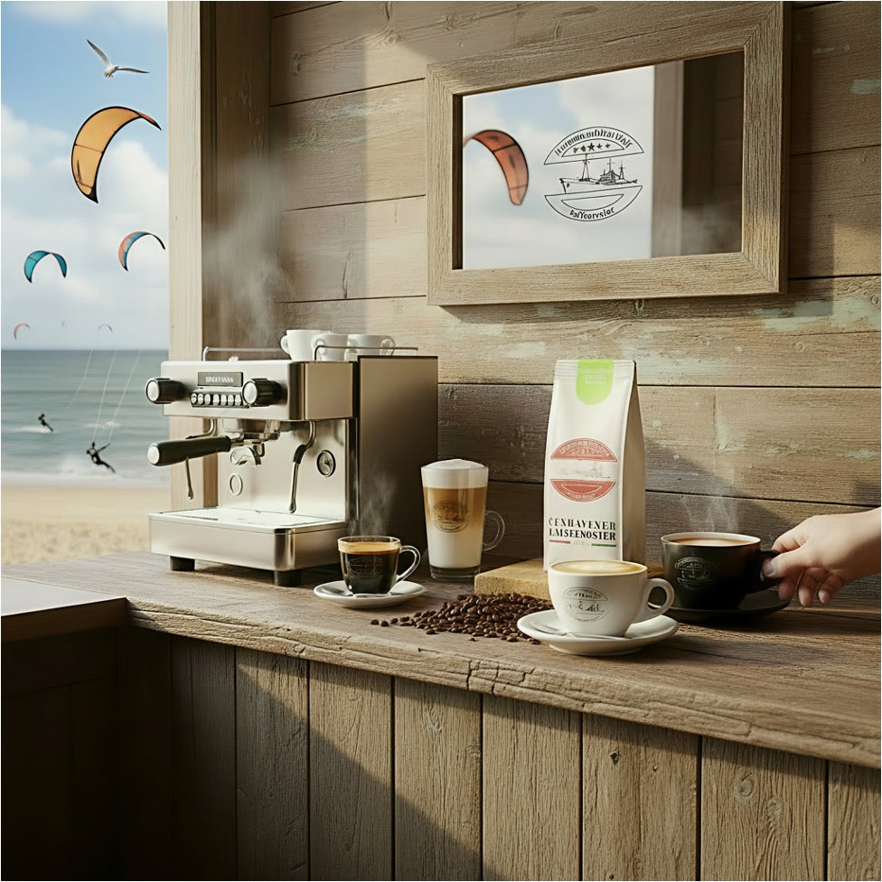 Weiße Kaffeetüte des Cuxhavener Kaffeeroesters mit der Aufschrift Brasil Yellow Bourbon  mit Kaffeemaschine und verschiedenen Kaffeespezialitäten in Nordseestrandbar