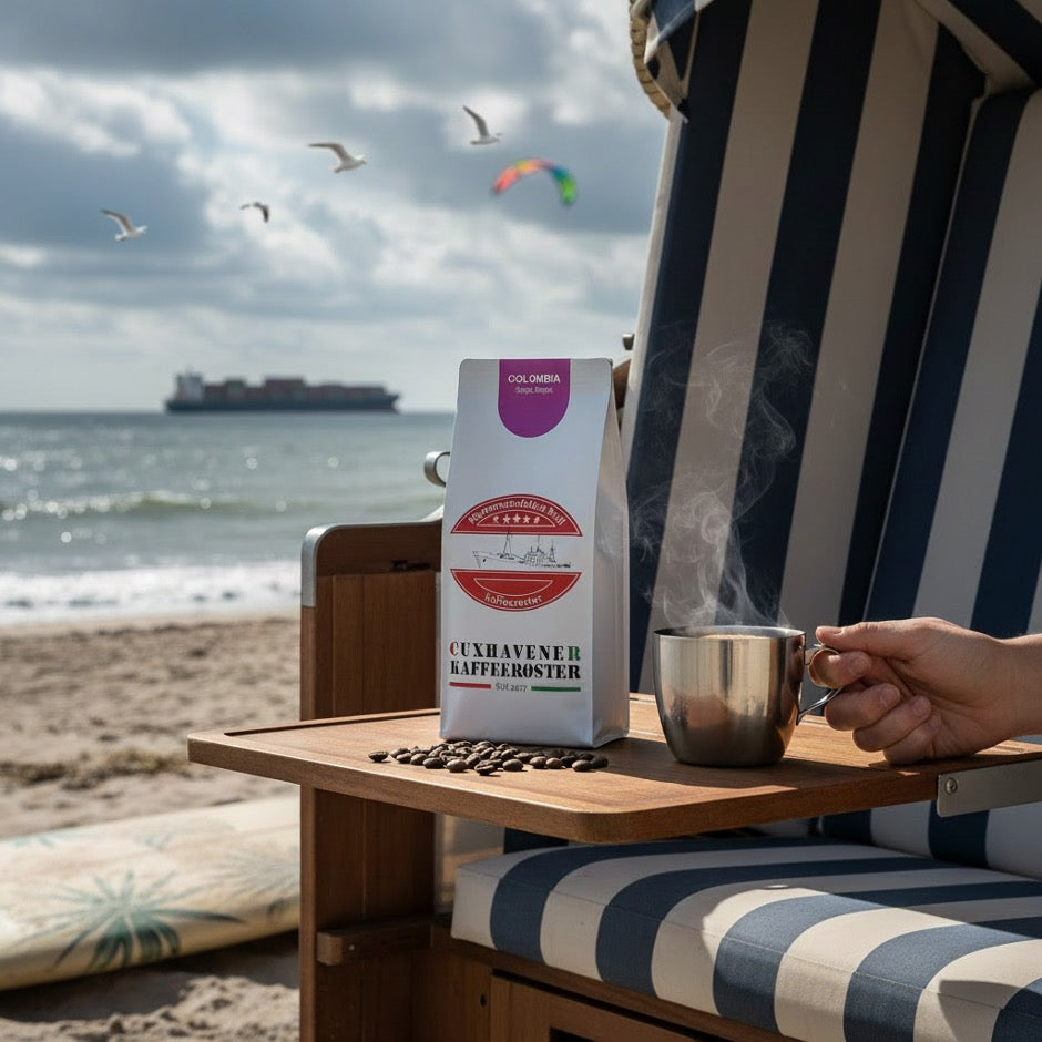 Weiße Kaffeetüte des Cuxhavener Kaffeeroesters mit der Aufschrift Colombia auf Tisch von Strandkorb mit Kaffeetasse und Nordseeblick