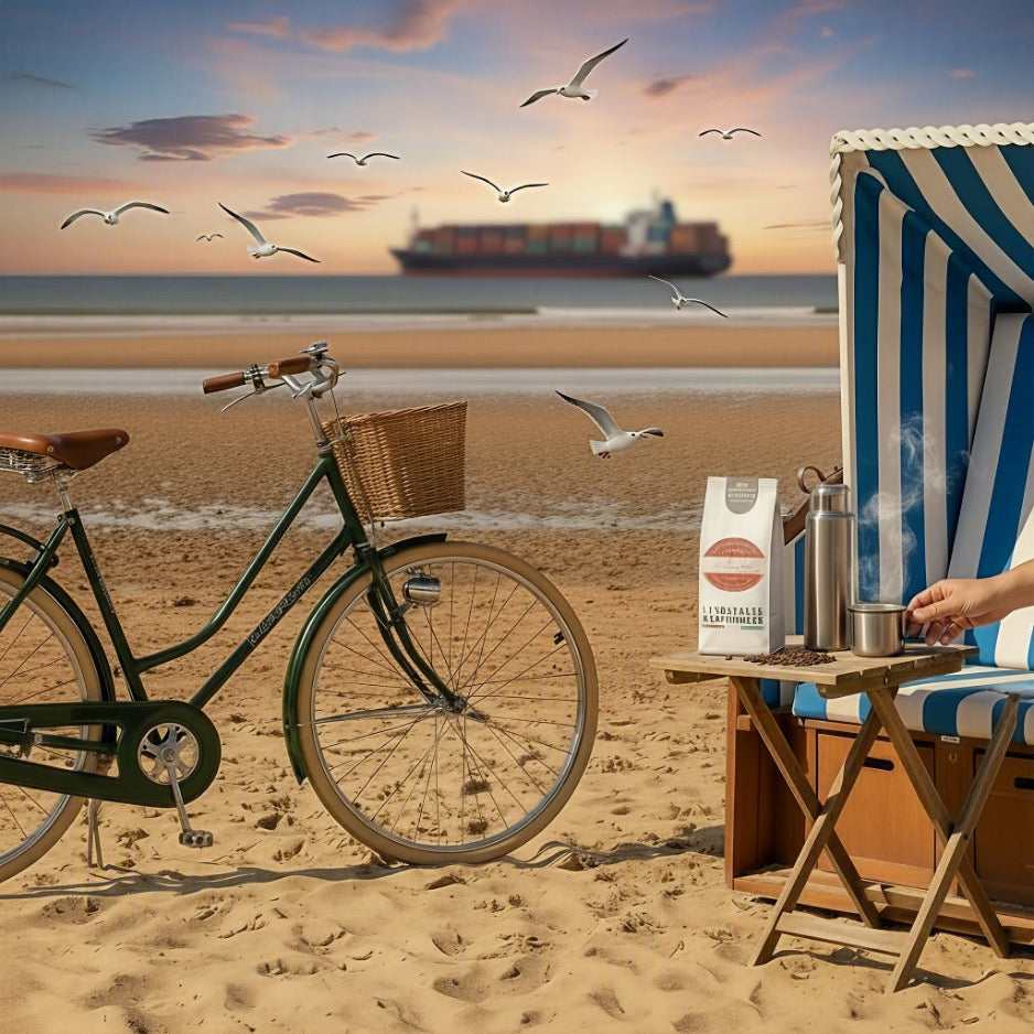 Weiße Kaffeetüte des Cuxhavener Kaffeeroesters mit der Aufschrift Ebbe und Flut entkoffeiniert frischem Kaffee aus Thermoskanne  Nordsee-Strandszene mit Strandkorb und Hollandfahrrad