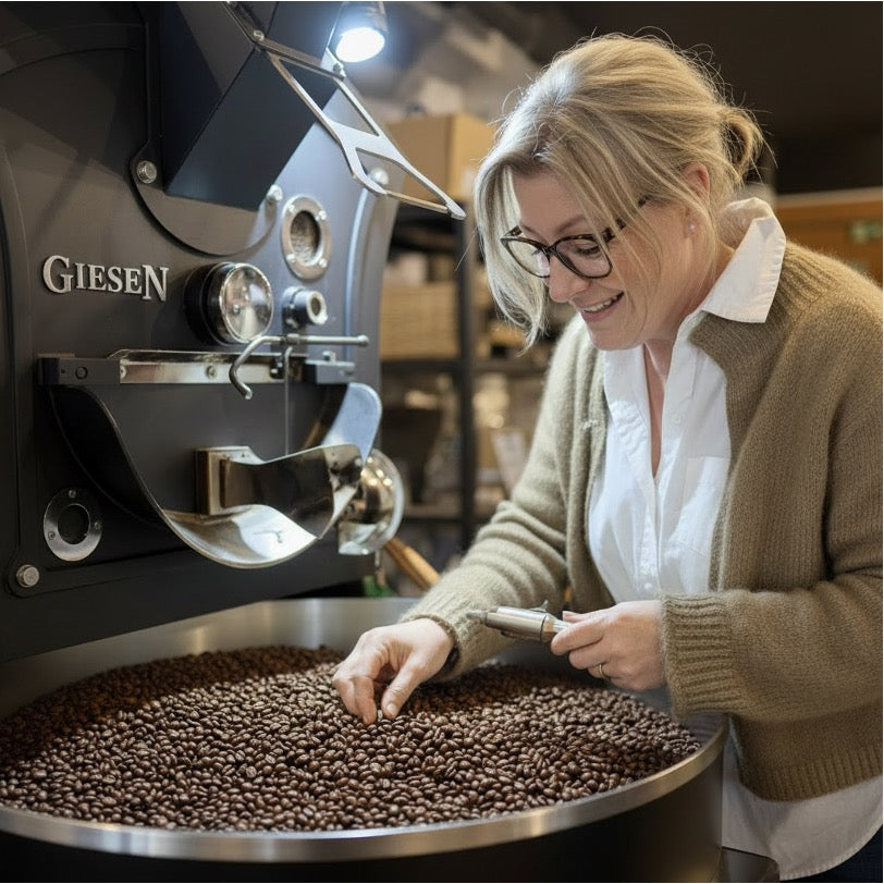 Eigentümerin die frisch geröstete Kaffeebohnen im Cooler einer Kaffeeröstmaschine auf Qualität prüft