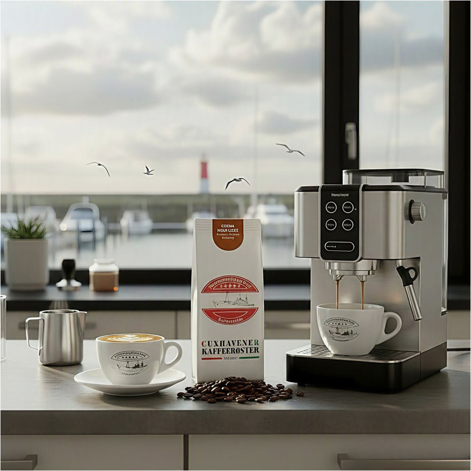 Weiße Kaffeetüte des Cuxhavener Kaffeeroesters mit der Aufschrift Crema Neue Liebe mit Kaffeevollautomat, Cappuccino und Fenster mit Nordseeblick
