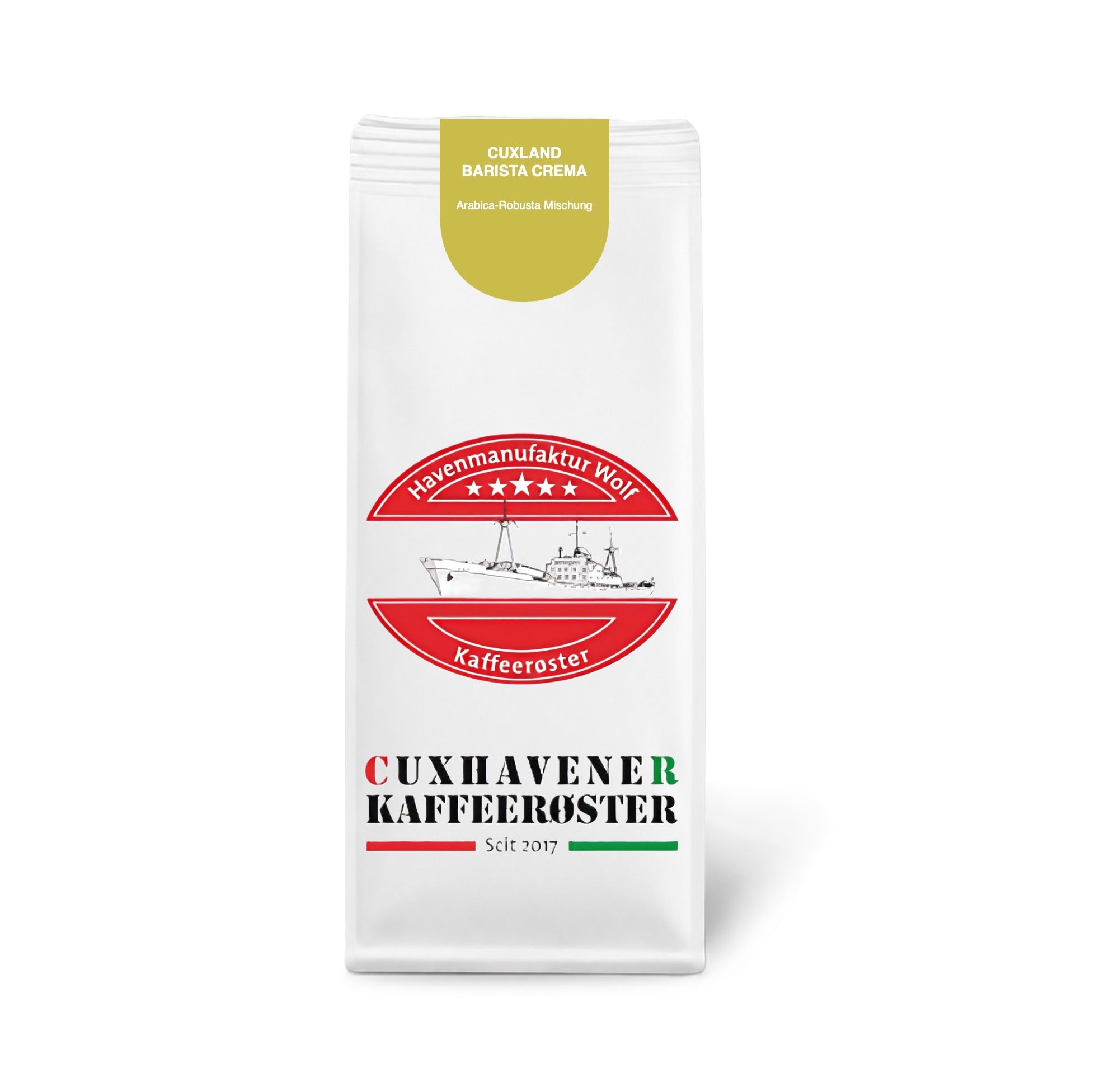 Weiße Kaffeetüte des Cuxhavener Kaffeeroesters mit der Aufschrift Cuxland Barista Crema vor weißem Hintergrund