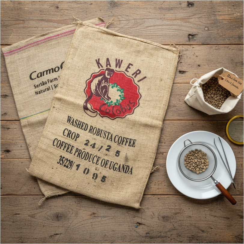 Qualitätsprüfung von Rohkaffeebohnen auf Holztisch mit original Kaffeesäcken