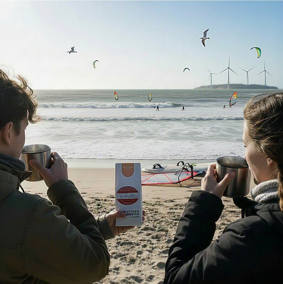Weiße Kaffeetüte des Cuxhavener Kaffeeroesters mit der Aufschrift El Salvador und zwei Surfern die sich an heißen Kaffee wären, mit Blick auf den Nordseestrand 
