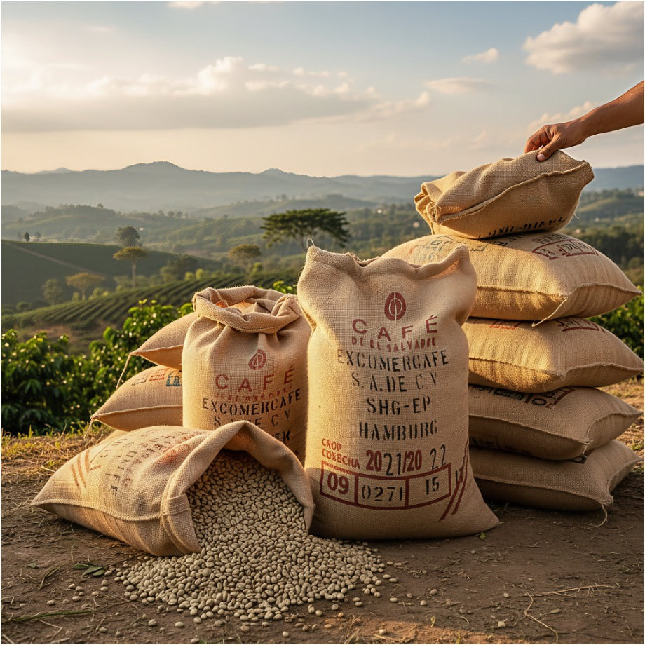 Original Kaffeesäcke mit Rohkaffeebohnen . Im Hintergrund ist das Hochland von El Salvador zu sehen.