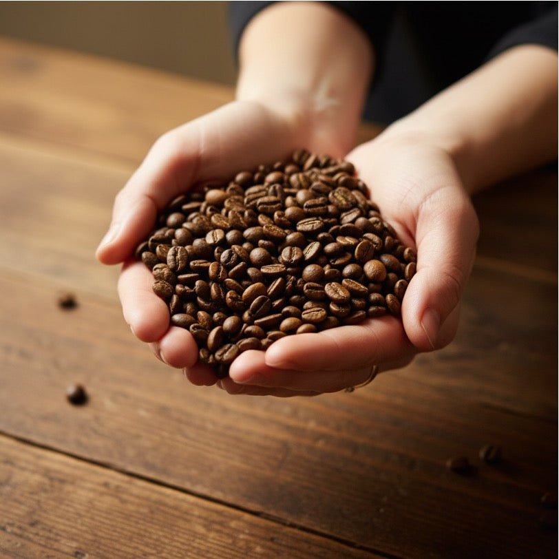 Zwei Hände die frisch geröstete Kaffeebohnen zeigen.