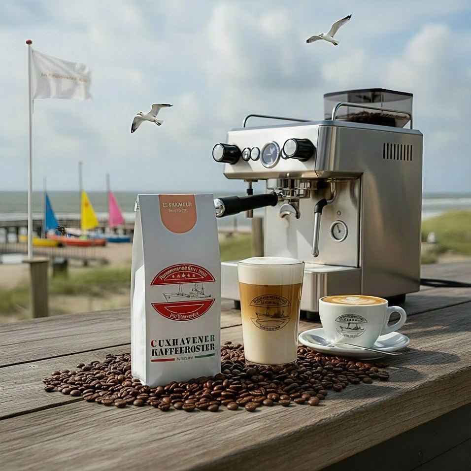 Weiße Kaffeetüte des Cuxhavener Kaffeeroesters mit der Aufschrift El Salvador mit Siebträgermaschine und Nordseeblick
