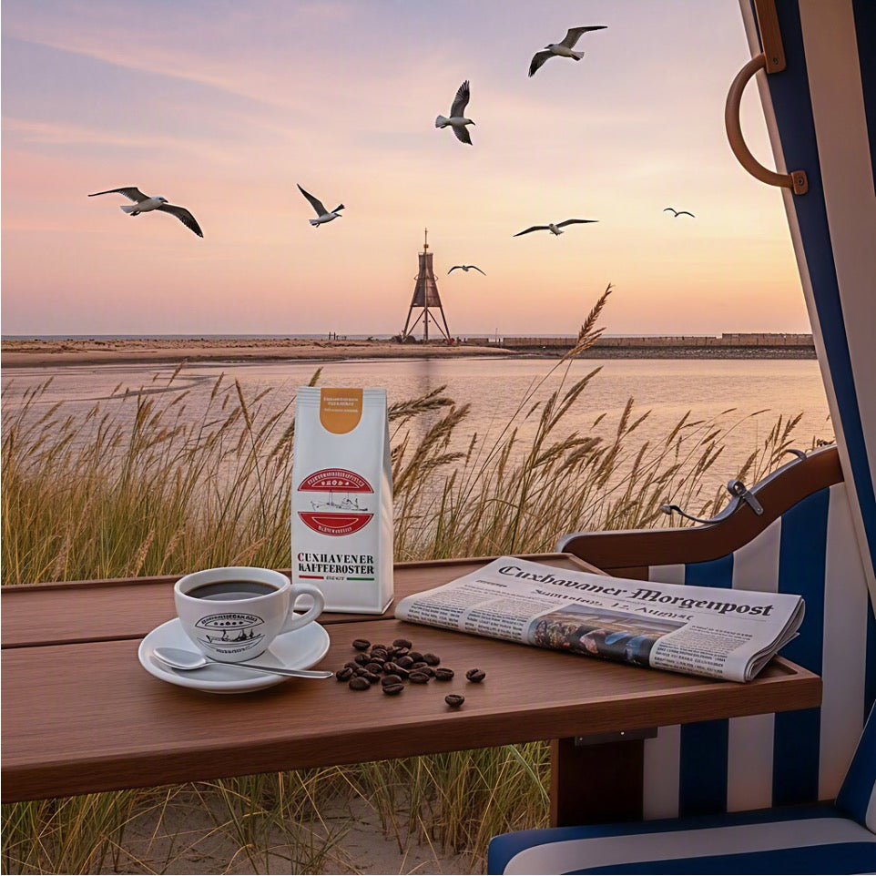 Weiße Kaffeetüte des Cuxhavener Kaffeeroesters mit der Aufschrift Grimmershörner Morgenröte auf Tisch von Strandkorb mit Blick auf die Kugelbake bei Cuxhaven