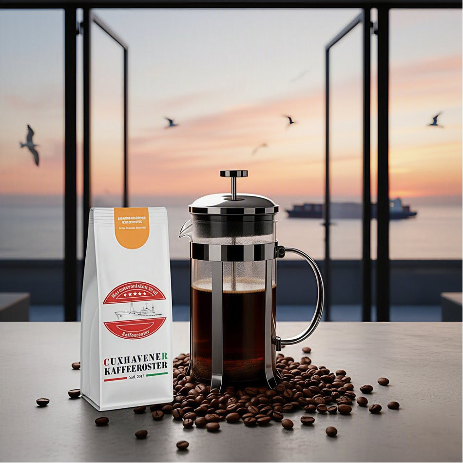 Weiße Kaffeetüte des Cuxhavener Kaffeeroesters mit der Aufschrift Grimmershörner Morgenröte mit French Press und Fenster mit Nordseeblick