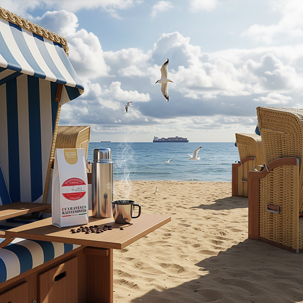 Weiße Kaffeetüte des Cuxhavener Kaffeeroesters mit der Aufschrift India Kathle Khan Estate auf Tisch eines Strandkorbs mit Kaffeetasse und  Nordseeblick