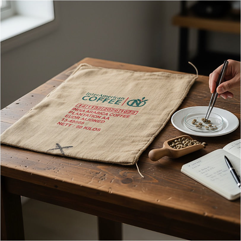 Schreibtisch mit original Kaffeesack und Rohkaffeebohnen die auf Qualität geprüft werden